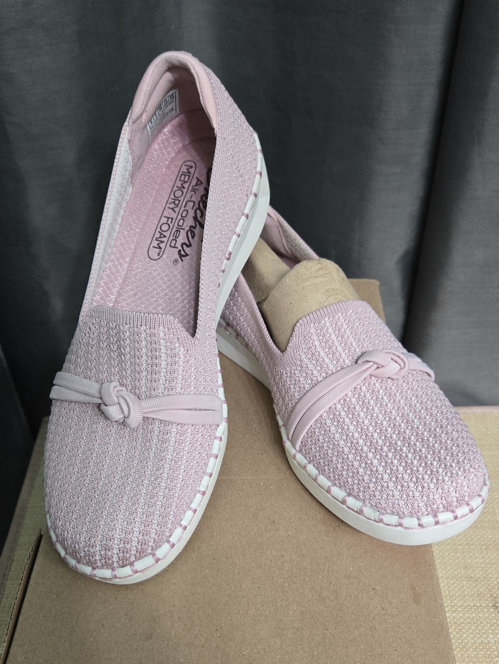 Skechers Women’s Light Pink Knit Slip-On Loafers with Knot Accent